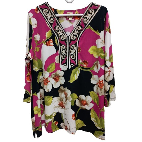 JM Collection Womens Wearable Art BOHO Tunic Top Size 1X Floral Embellished - Picture 1 of 8